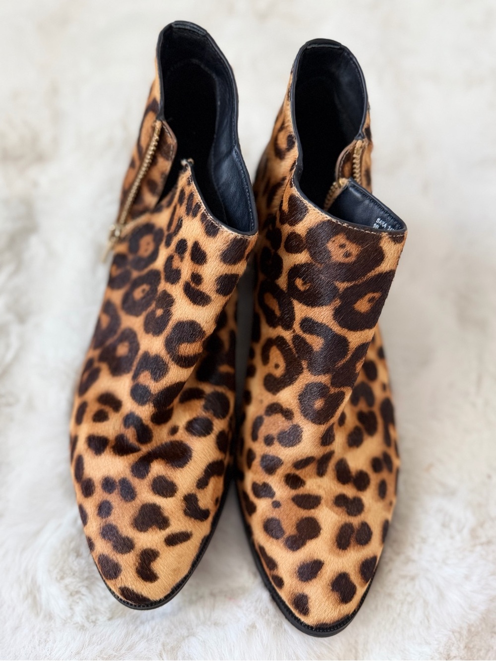 Leopard Print Calf Hair Ankle Boots Pointed Toe Block Heel Size 9B